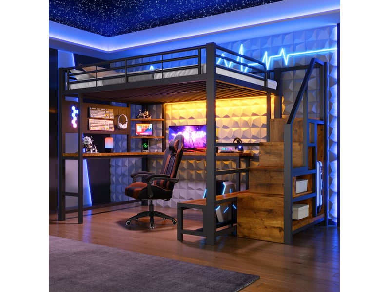  Lit mezzanine 140x200 cm, bureau, escalier rangement, led, usb et usb-c, métal et mdf, noir, sans matelas  - Conforama E