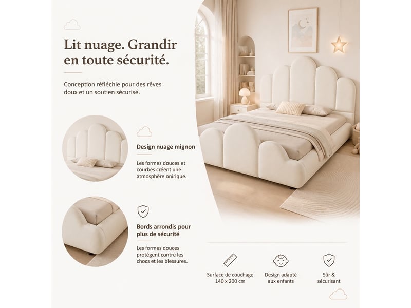 Lit enfant 140x200 capitonné en velours beige - design nuage et coins arrondis  - Conforama D