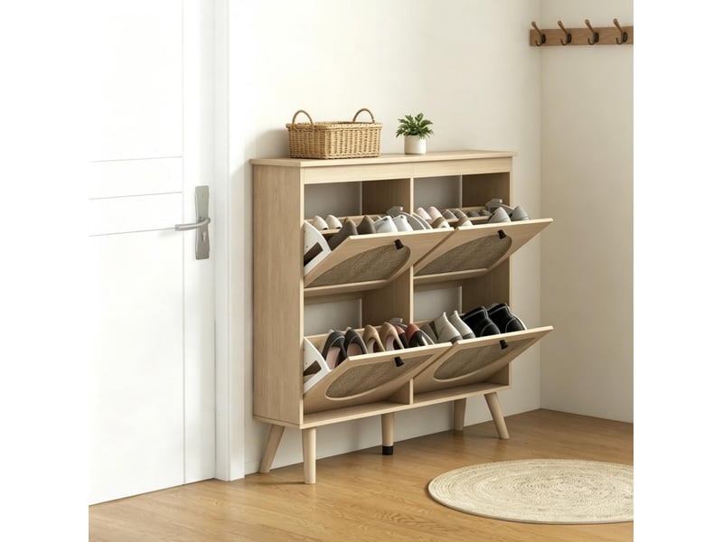 Meuble à chaussures 105 x 24 x 97,5 cm en panneaux de particules et rotin avec 4 compartiments rabattables couleur bois naturel chicfurn - Conforama C