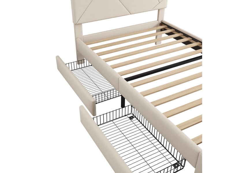  Lit avec tiroirs, lit simple 90x200 cm en lin beige avec 2 tiroirs, led et tête réglable, sans matelas  - Conforama E