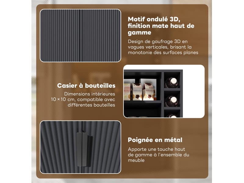  Buffet de cuisine haut avec 3 tiroirs, étagères réglables, range-bouteilles, led et prises, noir, 105 × 40 × 180 cm  - Conforama E