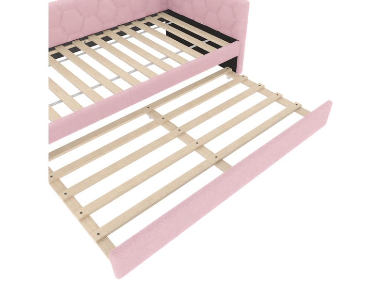  Lit banquette tissu bouclette 90x200 rose avec lit gigogne, lampe de chevet et ports usbtype-c  - Conforama W