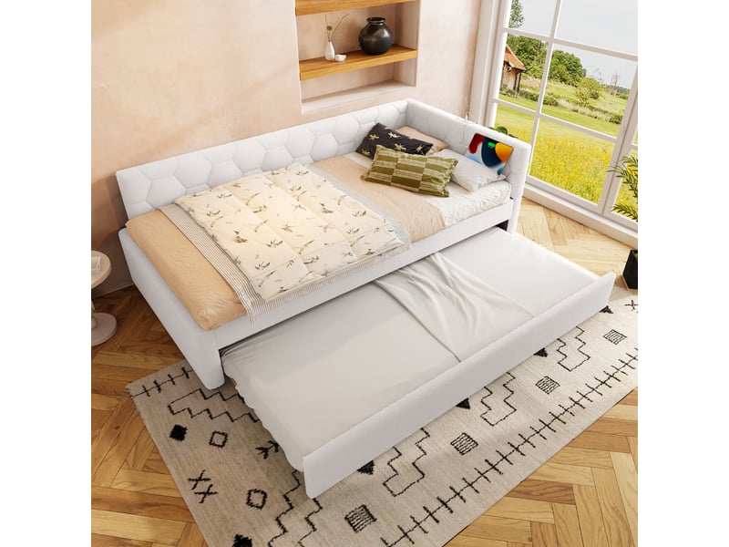  Lit de jour 90*200cm avec lit gigogne, canapé-lit, sans matelas, lampe de chevet, usb type-c, bouclette, blanc  - Conforama E