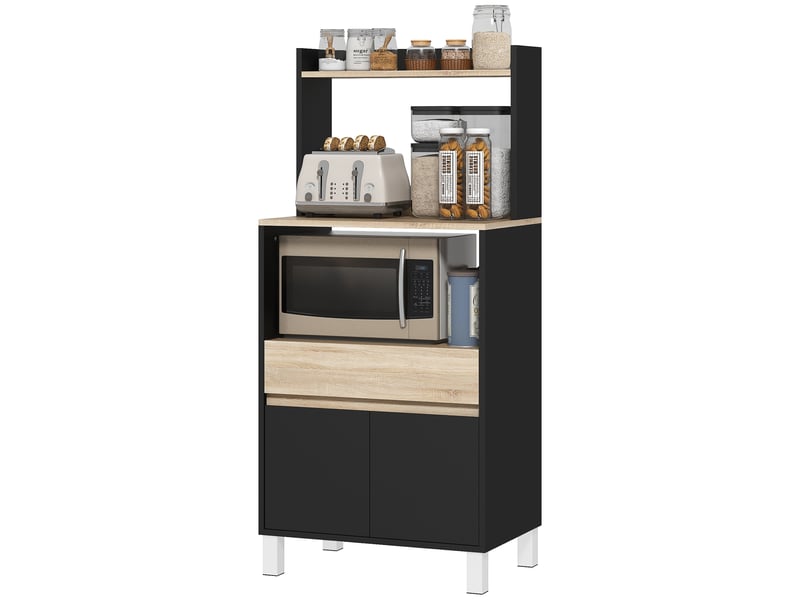  Meuble micro-ondes, buffet de cuisine avec placard, tiroir et étagère, 60 x 40 x 131 cm, chêne et noir  - Conforama B