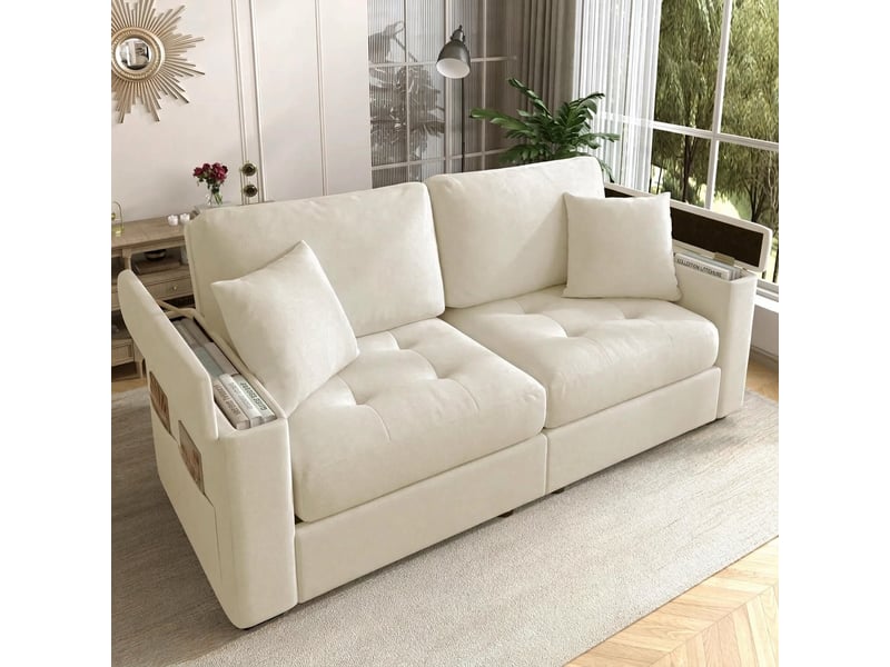  Canapé 2 places beige en tissu chenille 180 cm moderne avec rangement  - Conforama D