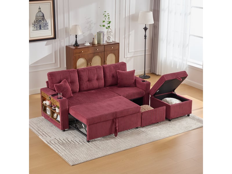  Canapé convertible 196 x 82-144 x 85 cm,coffre de rangement,usb-c,éclairage d’ambiance,porte-gobelets,accoudoirs larges,velours côtelé,rouge vin Bliss Lite - Conforama E