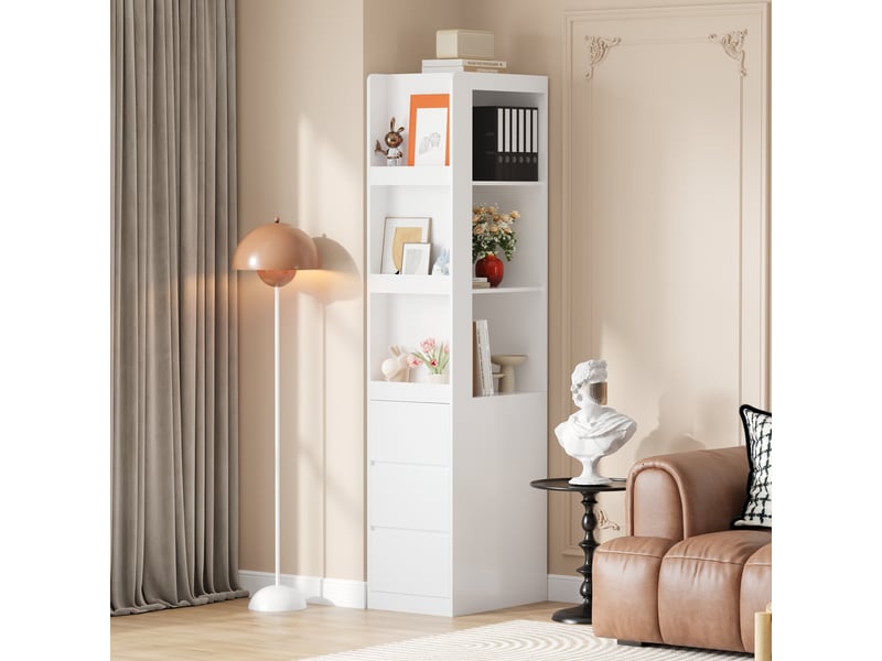  Bibliothèque vitrine étroite 60x40x200cm avec 3 niches ouvertes et 3 tiroirs, meuble de rangement haut réversible, anti-basculement, blanc OPULERANE TRADING LTD - Conforama D