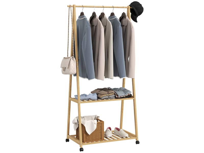  Portant à vêtements en bambou sur roulettes avec 2 étagères et 2 crochets, pour le couloir ou la chambre  - Conforama A