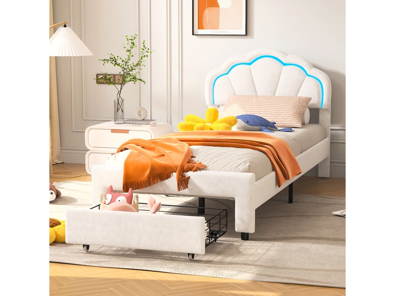  Feeohome lit capitonné 90 x 200 cm, lit double rembourré avec tête de lit et sommier à lattes, lits enfant avec lampes led, lits tiroir pour enfants avec rangement pour adolescents et filles  - Conforama D