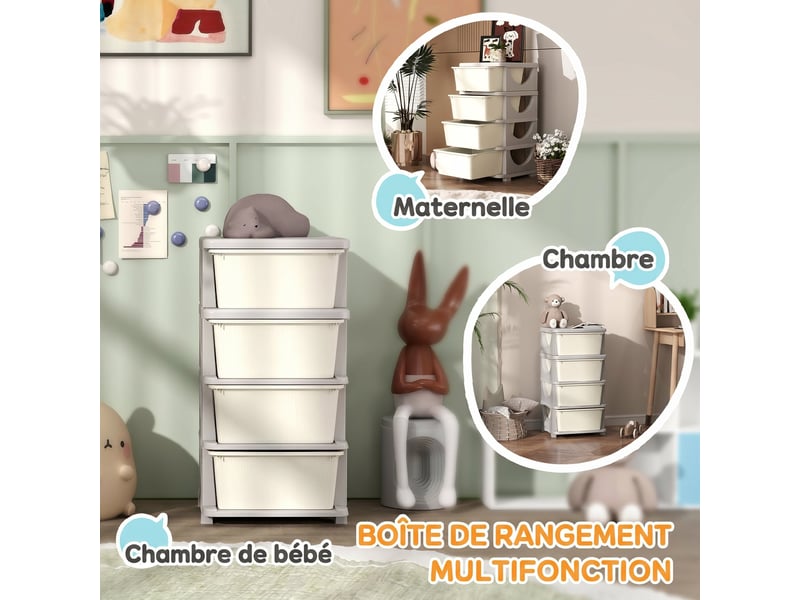  Organisateur de jouets pour enfants avec 4 tiroirs à 4 niveaux, boîtes de rangement en plastique, crème, 37 x 37 x 76 cm  - Conforama R