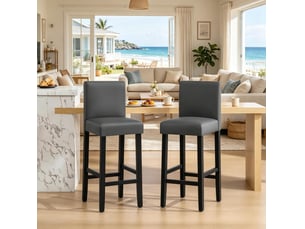 Lot de 2 tabourets de bar avec dossier haut et repose-pieds, style industriel en similicuir, bois et mousse noir et gris