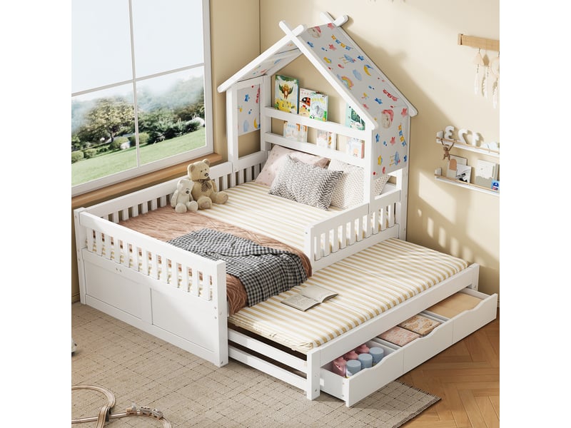  Lit enfant maison en bois 140x200 cm avec lit gigogne 3 tiroirs barrières de sécurité sommier à lattes pin mdf blanc ABC - Conforama B