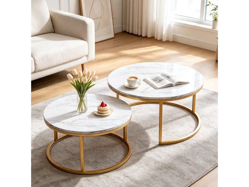 Table basse ronde – set de deux – bois cadre doré – plateau effet marbre – 80+60 cm - Conforama B