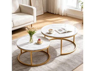 Table basse ronde – set de deux – bois cadre doré – plateau effet marbre – 80+60 cm