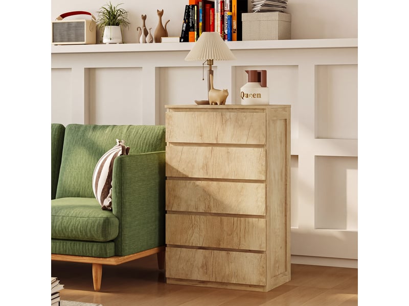  Commode 5 tiroirs meuble de rangement sans poignées design minimaliste bois naturel 60 x 39 x 100 cm  - Conforama E