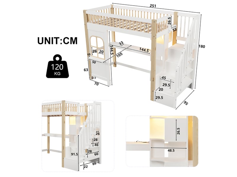  Lit mezzanine enfant 90x200 cm, maison et bureau intégrés, rangements, bois pin et mdf, blanc naturel, sans matelas  - Conforama C