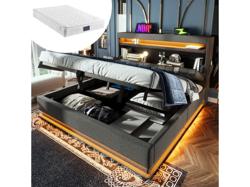  Lit coffre,160x200 cm,avec led, usb et matelas,lin,gris  - Conforama B