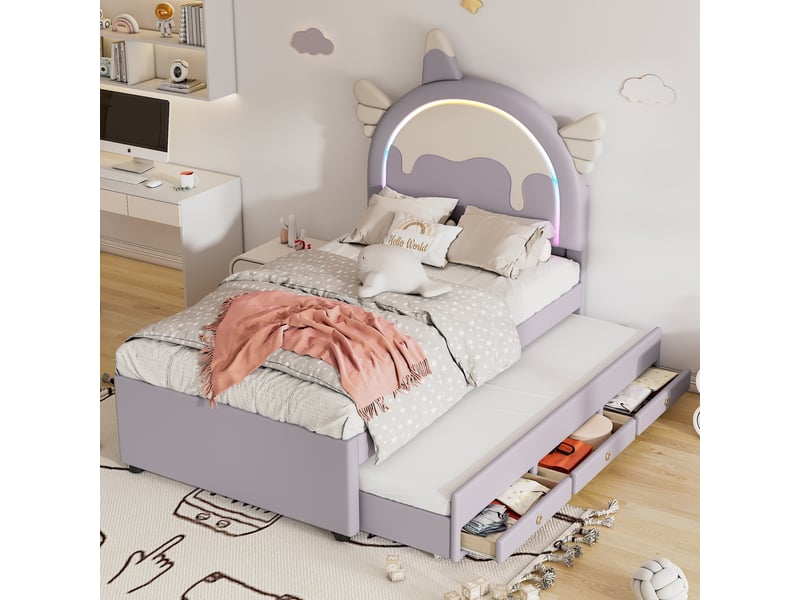  Lit enfant 90 × 200 cm 1 place avec lit gigogne et tiroir, sans matelas, en pu et mdf, violet  - Conforama B