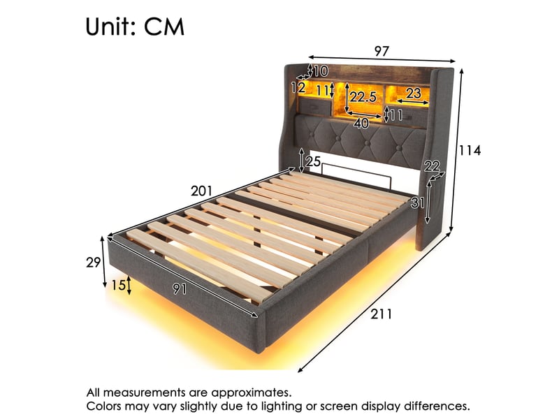  Lit simple 90x200 cm avec led et rangements en lin gris  - Conforama E