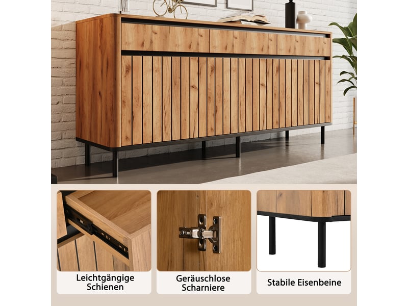 Buffet bas 160x40x73 cm,3 portes à lamelles,3 tiroirs,6 pieds en métal,bords arrondis,mdf effet chêne,salon salle à manger - Conforama D
