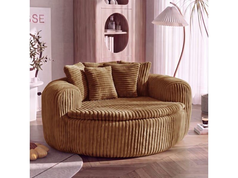 Canapé pouf lounge 1 place, assise profonde rembourrée, accoudoirs enveloppants, 5 coussins, velours côtelé camel, 145 x 133 x 59 cm - Conforama C