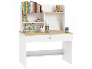 Bureau enfant avec étagères et tiroir, table pour enfants de 3 à 8 ans, en bois blanc, pour chambre.