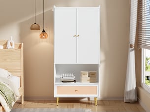 Armoire,2 portes avec penderie et 1 tiroir à façade en résine,pe effet rotin,80×48×175 cm,blanche et naturelle