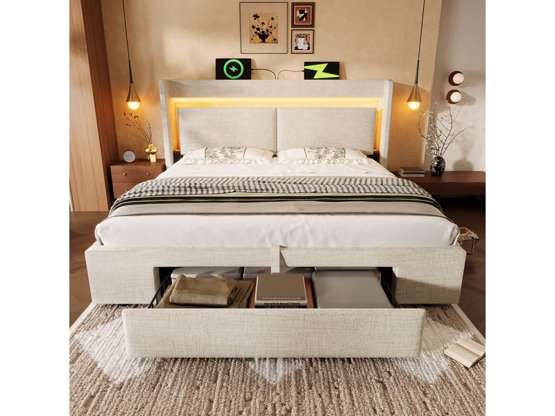  Lit coffre rembourré 180 x 200 cm en lin beige, tête de lit avec rangement, led, usb et usb-c AB30421567B - Conforama D