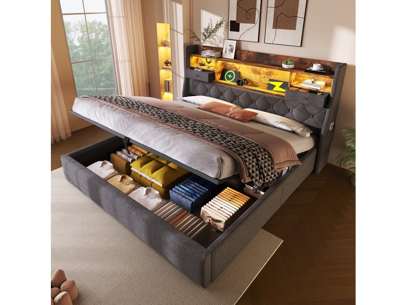 Lit double 160 x 200 cm avec rangement hydraulique, led, chargeurs usbtype-c et matelas gris - Conforama D