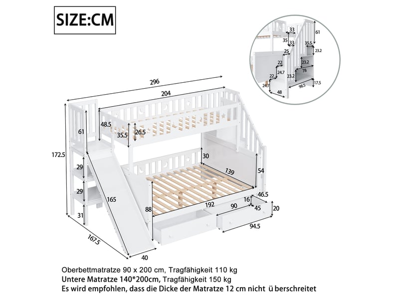  Lit superposé enfant en bois avec toboggan, échelle de sécurité, rangements et sommier, blanc, 90 x 200 140 x 200 cm  - Conforama E