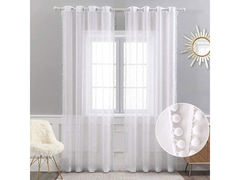 Voilages blancs en polyester avec pompons et oeillets 2 panneaux 132 x 259 cm - Conforama B