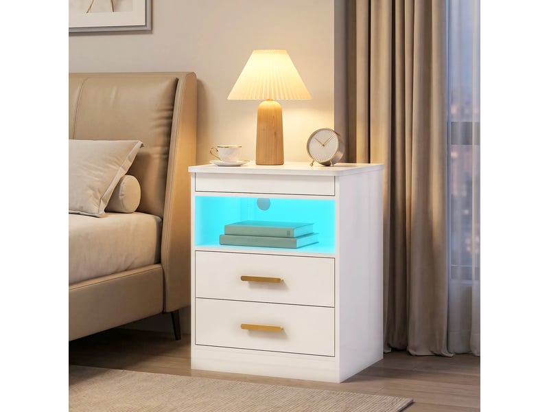  Table de chevet avec station de charge et éclairage led rgb, blanc brillant  - Conforama D