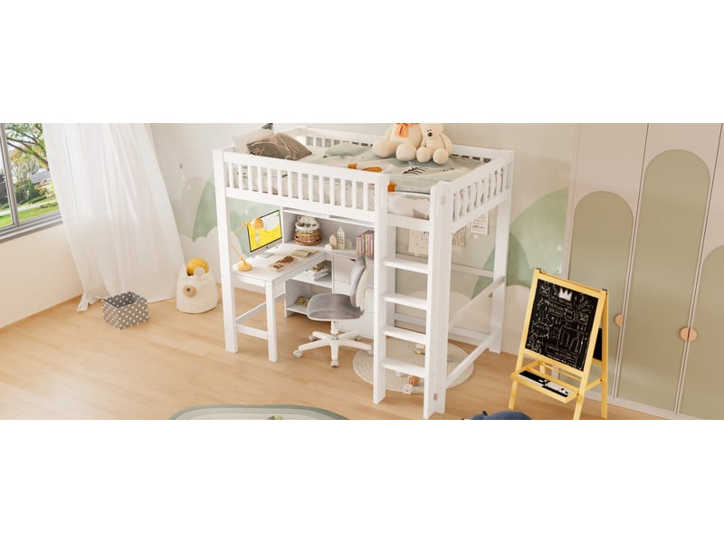 Lit superposé 90x200 cm blanc pin massif avec bureau échelle 3 tiroirs rangements sans matelas Sol Morn - Conforama B