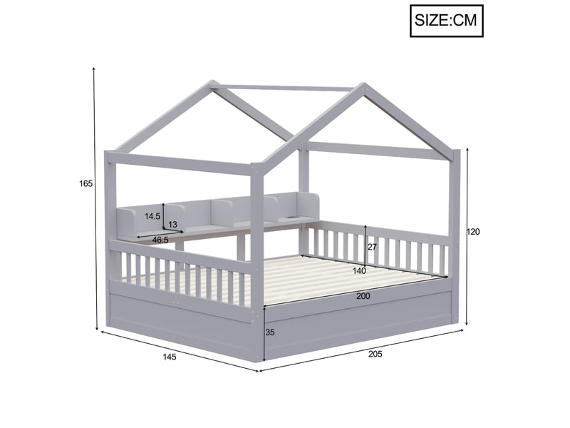  Lit cabane 140x200 cm, coffre hydraulique, barrières, rangements, led, prises, bois et mdf, gris, sans matelas  - Conforama C