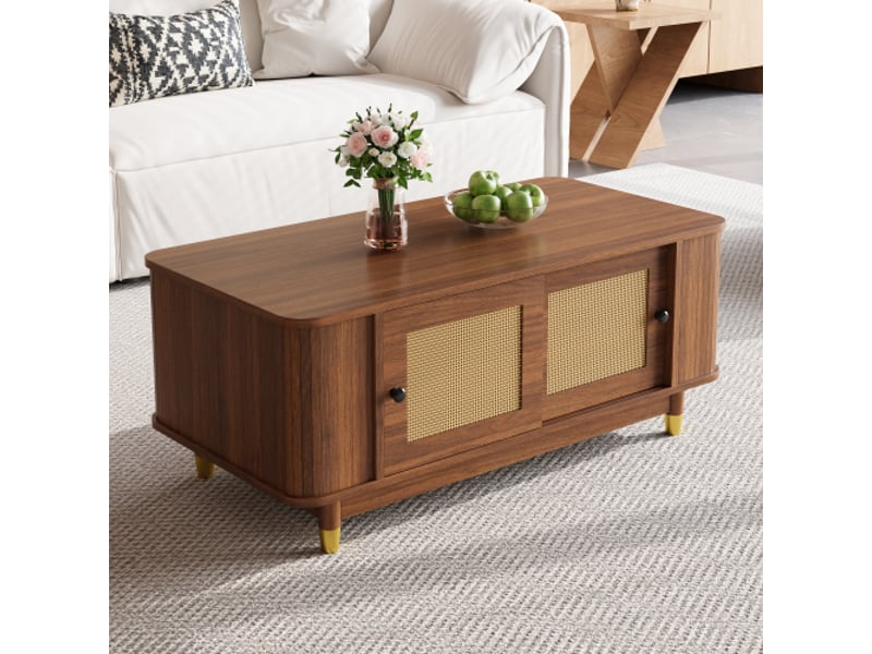 Table basse moderne avec portes coulissantes en rotin - coins arrondis, rangement mdf, effet bois - Conforama D