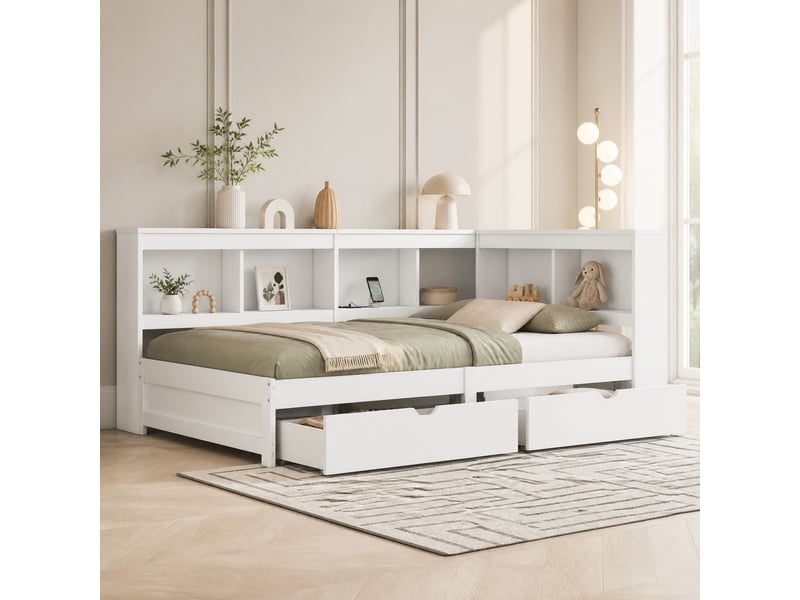  Lit banquette avec deux tiroirs, prise et deux ports usb, compartiments latéraux, en panneau de particules et mdf, blanc  - Conforama C