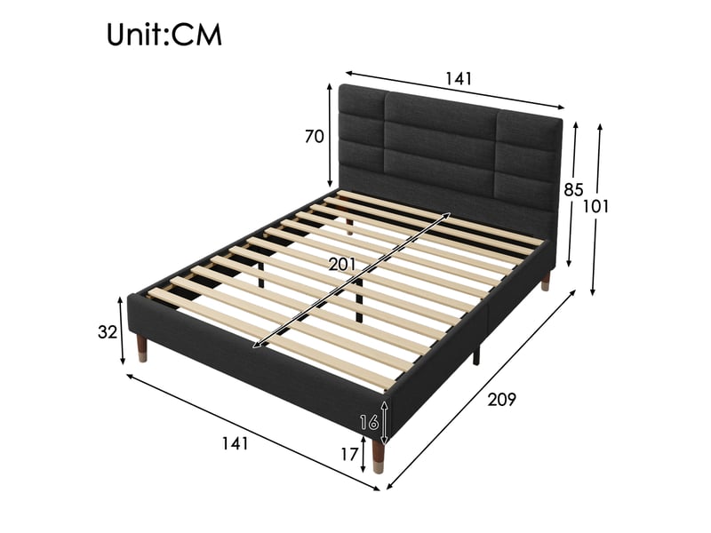  Lit adulte double 140x200 cm en tissu de lin noir avec sommier et matelas  - Conforama C