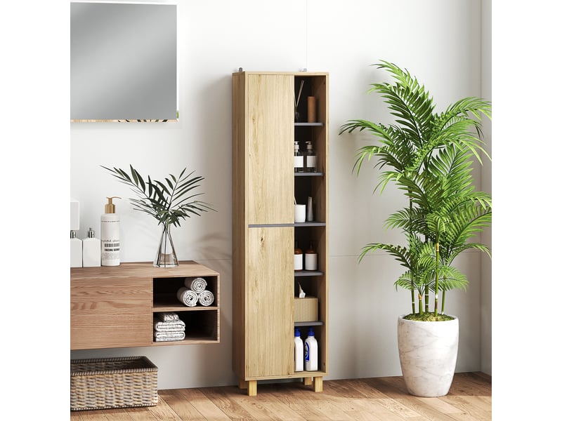  Meuble colonne salle de bain, armoire de salle de bain avec 6 compartiments ouverts et 2 placards, bois naturel  - Conforama B