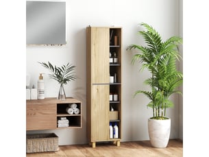 Meuble colonne salle de bain, armoire de salle de bain avec 6 compartiments ouverts et 2 placards, bois naturel
