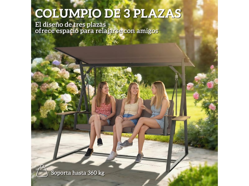 Balancelle de jardin 3 places, toit orientable 60° uv50+, structure metallique 360 kg, bacs lateraux, coussins rembourres, 222 x 131 x 175 cm  - Conforama D