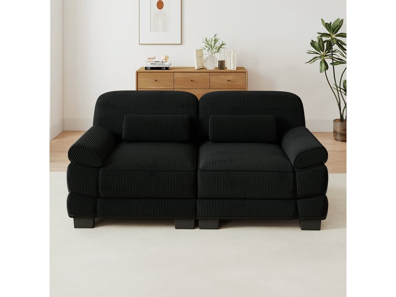  Canapé 2 places en velours côtelé noir, design modulaire, assise profonde, coussin lombaire inclus, 194×88,5×94 cm  - Conforama B