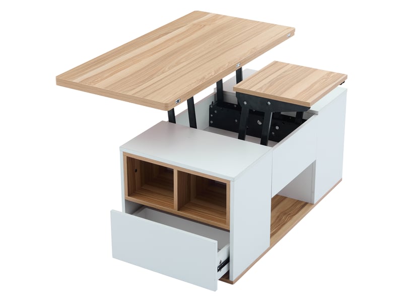  Table basse multifonctionnelle relevable - plateau dépliable en 2 tables, blanc + bois naturel, grande capacité, meuble de salon moderne, table de salle à mangerbureau, table de détente, multifonctionnelle  - Conforama A