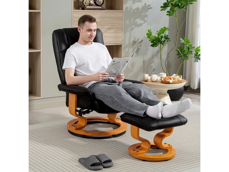  Fauteuil inclinable avec repose-pieds, pivotant et inclinable, revêtement en similicuir, jusqu'à 150 kg, structure en bois, noir  - Conforama C