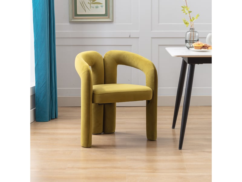  Chaise de salle à manger rembourrée avec dossier arrondi, accoudoirs et structure stable, en velours, vert olive  - Conforama C