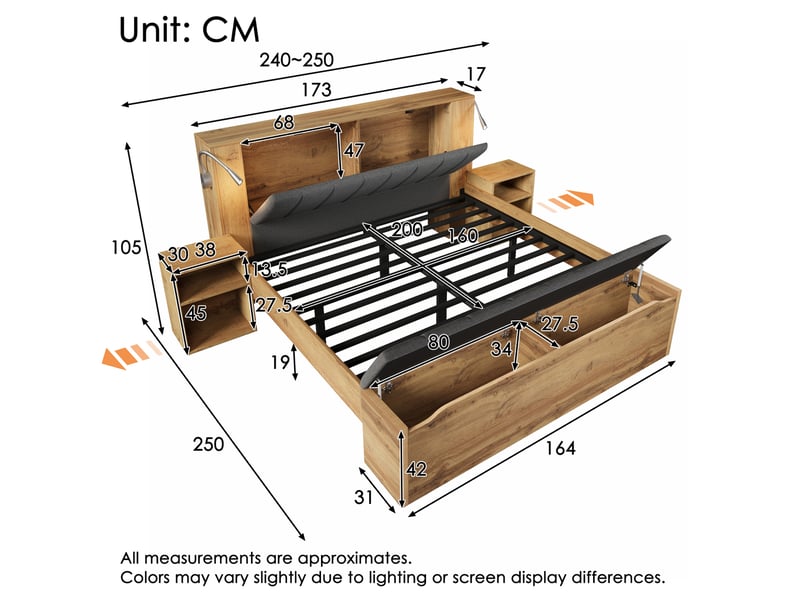  Lit double 160 × 200 cm avec tête de lit relevable, 2 tables de chevet, banc rangement, lampes usb, chêne  - Conforama C