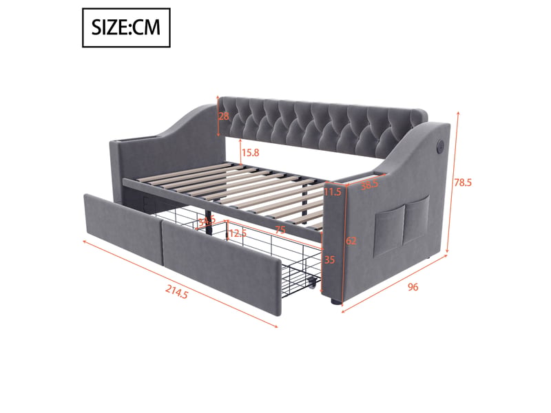  Lit enfant 90 x 190 cm tiroirs de rangement accoudoirs larges ports de charge usbtype-c velours gris foncé sans matelas  - Conforama C