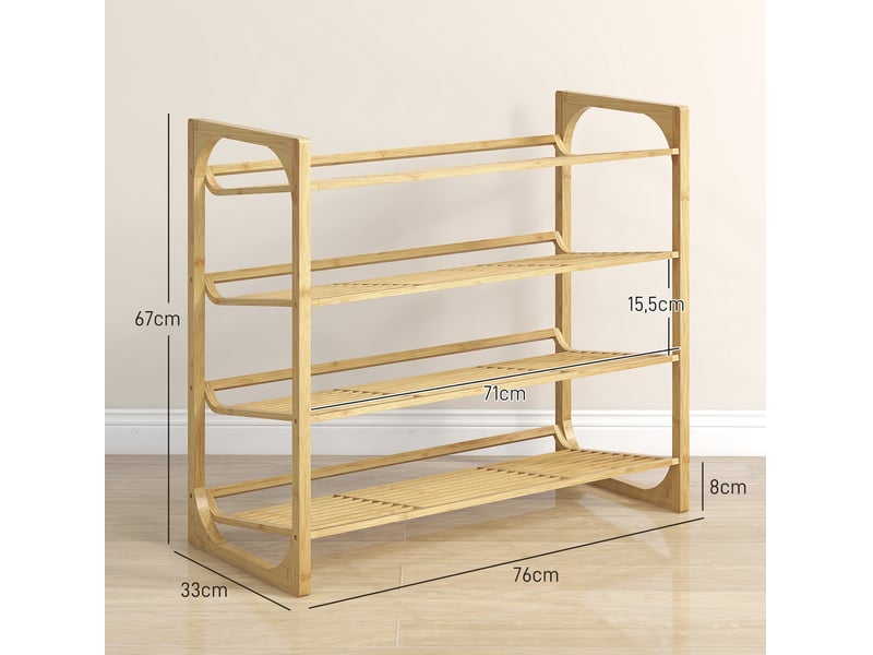 Meuble à chaussures en bambou avec 4 étagères inclinées, pour 12 paires, rangement d'entrée, 76 × 33 × 67 cm - Conforama E
