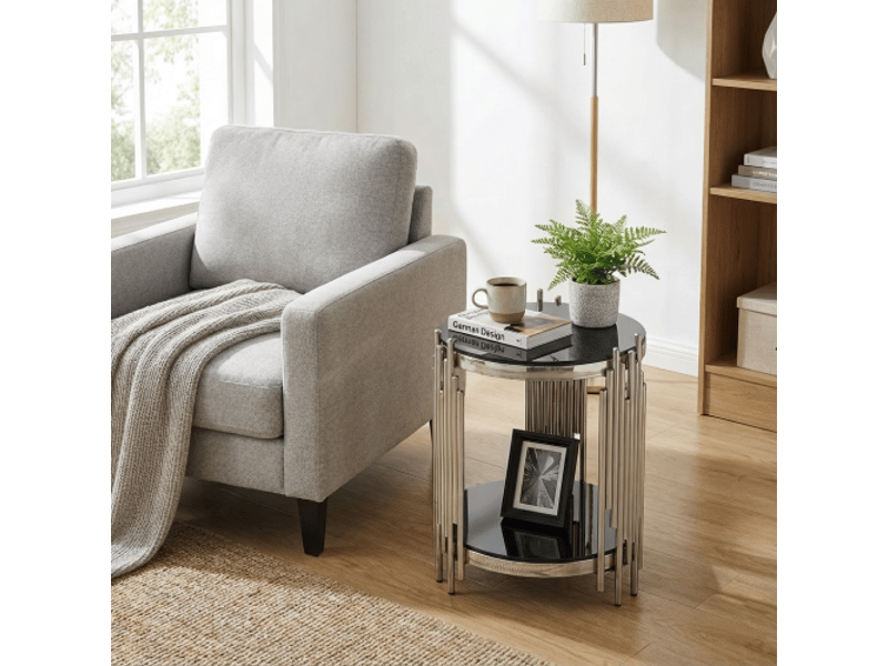 Table d'appoint ronde en verre 45 cm, cadre inox argenté, trempé 6 mm, montage et nettoyage faciles - Conforama E