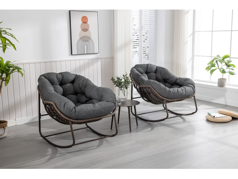  Fauteuil à bascule extérieur en résine tressée gris foncé avec coussin épais, pour balcon, terrasse et jardin  - Conforama E