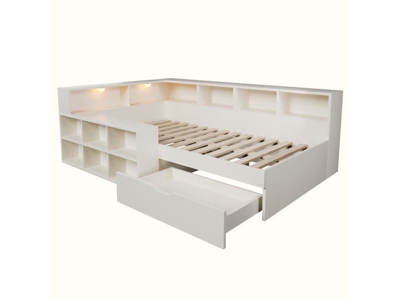  Lit 90x200 avec rangement et liseuse intégrée, lit simple en bois blanc avec ports usbtype-c et tiroirs  - Conforama A